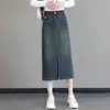 Saia jeans acima do joelho para mulheres, novo estilo de outono, saia versátil de comprimento médio plus size com fenda frontal e cintura alta