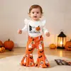 Disfraz de Halloween para Bebé Romper con Estampado de Letras y Mangas Abullonadas Pantalones de Campana de Calabaza, Fantasma, Murciélago y Diadema Juego de Tres Piezas