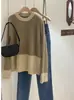 Suéter de Punto Grueso Suave para Mujer, Cuello Redondo, Bloques de Color, Lana Pura, Holgado, Casual, Simple, Moda Versátil, Manga Larga, Camiseta Base
