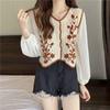 Camisa de Ganchillo Calado con Cuello en V para Mujer 2026 Verano Delgada Retro Encaje Gasa Camisa Falsa de Dos Piezas Top de Moda
