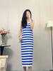 Vestido sem mangas estilo férias de verão à beira-mar Novo estilo Design de listras em cores contrastantes Simples Combina com tudo Decote U Vestido de férias para mulheres