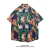 Camisa Hawaiian de Seda de Gelo Retrô Estilo Hong Kong Masculina Estilo 14 Tendência Verão Manga Curta Camisa Florada de Praia Roupa de Fora