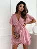 Vestido de Verão Sexy Europeu e Americano para Mulheres, Mini Saia de Chiffon com Decote V Cruzado e Barra Franzida, 2026