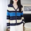 Camada base de moda transfronteiriça, coleção outono/inverno, estilo solto e relaxado, peça íntima listrada, cardigã de tricô de manga comprida, blusa feminina