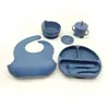 Juego de Vajilla de Silicona para Niños Babero Plato Dividido Bol para Comida Complementaria Ventosa Tenedor Cuchara Juego de 6 Piezas Plato con Cara Sonriente Alimentación