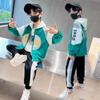 Calças de moletom da moda infantil primavera e outono, conjunto de duas peças com zíper, estampa de letras para meninos grandes