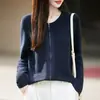Cardigã de lã de malha fina, gola redonda, com zíper, suéter feminino, outono/inverno, texturizado, modelagem solta, manga longa, top versátil