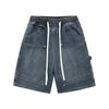 Calça Jeans de Meio Comprimento Moda 2025 com Bolsos Grandes Pesados, Estilo Cargo, Patchwork Listrado, Azul Desbotado para Cinza