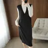 Vestido de Outono 2021 Estilo College Colete Longo de Tricô Vestido Solto Acima do Joelho Elegante Peça de Sobrepor Vestido Colete Estilo Irmã Real