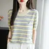 Camiseta de punto jacquard estilo Fair Isle de manga corta para mujer, nueva de verano 2026, fina, holgada, adelgazante, transpirable, camiseta básica