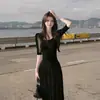 Vestido de verano para mujer con textura fluida, falda larga elástica, cómodo, adelgazante, que realza la altura, vestido de línea A con cuello en U, corte ajustado, falda con dobladillo amplio
