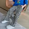 Pantalones Nuevos para Niñas 2024 Primavera y Verano Moda Tablero de Ajedrez Pantalones de Pierna Ancha Pantalones Rectos de Seda de Hielo para Niños