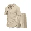 Conjunto de Dos Piezas con Capucha de Algodón y Lino para Hombre de Verano con Cordón Capucha Camisa de Manga Corta Pantalones Cortos con Cintura Elástica Conjunto de Playa