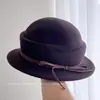 Sombrero de Pescador de Lana con Nudo de Lazo Dorado Mil Vientos para Mujer Invierno Temperamento Adelgazante Facial Sombrero de Fieltro Elegante Versátil Cálido Sombrero de Regalo
