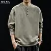 "Fibra de algodão natural" Moletom gola Henley retrô americano, top base de manga longa solto masculino, novo estilo de outono