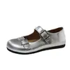 Sapatos Rasos Redondos Prateados Estilo Retro para Mulheres Outono 2026 Novo Estilo com Saias Sapatos Pequenos de Couro Estilo Ballet Francês Mary Jane