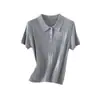 26º Verano Nuevo para Mujer Retro Tejido de Canalé Cuello Polo Manga Corta Ajustado Elegante Cuello Solapa Top Camiseta