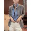 Cardigan de Tricô Falso Duas Peças Color-Block Estilo Old Money para Mulheres, Nova Coleção de Outono, Gola Reversível Cinza, Top Casual Soltinho