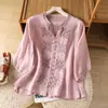 Camisa de Algodón Lino con Bordado Artístico Pesado Nueva de Verano para Mujer Cuello en V Holgada Rejuvenecedora Casual Versátil