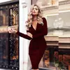Nuevo Vestido de Mujer 2024 Wish con Escote en V Profundo, Plisado, que Cubre la Cadera, de Primavera y Otoño, de Manga Larga, Básico, Falda Larga