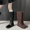 Botas de Montar Slip-On de Moda Punta Redonda Plana Hasta la Rodilla Botas Rectas Botas Altas Marrones Retro Botas de Mujer