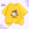 Comércio Exterior Camiseta Infantil de Manga Curta Halloween Abóbora para Meninos e Meninas Top Cartoon Estampado de Meia Manga Vermelho Algodão Puro Verão