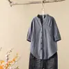 Camisa Japonesa de Gasa de Algodón de Doble Capa de Manga Tres Cuartos para Mujer Verano Retro Literaria Cuello en V Slim Rayas Verticales Top de Algodón Versátil