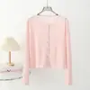 Cardigã de Malha Tencel para Mulheres, Fino Estilo Verão, Elegante para o Trabalho, Gola Redonda, de Botão Único, Top Suéter Curto