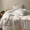 JU Esponjoso~Algodón 100% Gasa de Doble Capa Bordado Juego de Cuatro Piezas Estilo Francés Fresco y Sencillo Juego de Ropa de Cama con Sábana y Funda de Edredón de Gasa 100% Algodón Puro