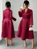 Vestido de satén color borgoña talla grande con cuello camisero, manga larga, dobladillo en línea A que ciñe la cintura, elegante vestido de fiesta, largo midi