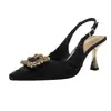 [Processamento Personalizado] Sandálias Femininas de Salto Agulha Bico Fino Estilo Francês com Fivela Quadrada de Strass, Sapatos de Salto Alto em Couro Macio de Cetim