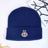 Chapéu de Lã Tendência Cartoon Azul, Chapéu de Tricô Outono e Inverno, Chapéu Preto Quente Bordado para Estudantes, Unissex