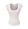 Camiseta Elegante e Versátil de Tencel com Gola U e Manga Curta para Mulheres, Estilo Básico de Verão, Slim-Fit Elástico, Top Tendência com Ombro Reto e Corte Curvo