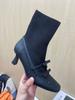 [en stock] Botines cortos de tacón alto con lazo francés y pedrería para mujer, botas finas elásticas de tacón grueso, botines de punto de punta cuadrada