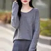 Blusa de tricô confortável, respirável e leve em mistura de caxemira, novo estilo, gola redonda, mangas compridas, adequada para usar em camadas, coleção primavera/verão feminina