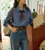 Camisa de Manga Larga Azul de Lyocell Estilo Retro Francés para Mujer Diseño Primavera 2026 Camisa Holgada con Cuello Polo Moderna