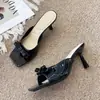 Pantuflas de tacón alto con punta cuadrada y lazo estilo francés para mujer 2025 Nuevo Verano Uso Exterior Sandalias de Tacón Grueso