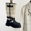 Botas de montar altas vintage de color negro bloqueado para mujer, otoño e invierno, con hebilla de cinturón, tacón grueso, alargan las piernas, por encima de la rodilla, botas largas de nicho