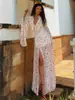 Vestido largo de gasa floral transfronterizo, estilo vacacional europeo y americano, escote en V sexy, cintura de encaje, con abertura para mujer