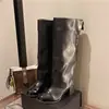 Bico redondo, estilo Chanel, salto grosso, novas botas de cano alto com blocos de cor elegantes, estilo equestre, de salto alto, botas pretas acima do joelho