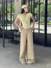 Yechuan # Calça Casual Wide Leg Verde Militar, Novo Estilo de Verão, Calça Versátil de Cintura Alta, Corte Reto Soltinho, Comprimento no Chão.
