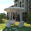 Pavilhão de descanso de grande escala ao ar livre, mesa e cadeira de desenho animado de aço-vidro, parque, local comercial, galeria de aço inoxidável, ornamentos, escultura