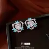 Brincos de tarracha coração com flor e gota de óleo azul agulha de prata design fresco estilo doce brincos simples modernos sensação de alta qualidade joia para orelha