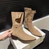 Botas Curtas Western Cowboy de Bico Fino para Mulheres 2026 Outono/Inverno Botas Curtas com Salto Bloco Botas Longas com Salto Grosso Botas de Equitação de Bico Fino na Altura da Panturrilha para Mulheres