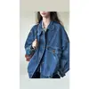 3737 # Jaqueta bomber estilo vintage nórdico/textura de jeans lavado gola alta color block silhueta para mulheres