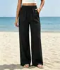 Calças Casuais de Linho Wide-Leg com Cordão na Cintura e Bolsos Laterais Amazon, Calças Fluidas de Praia, Calças Casuais Elásticas para Mulheres