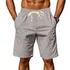 Shorts de linho masculinos estilo americano, soltos, para uso transfronteiriço, shorts de praia respiráveis com jacquard listrado e cordão, shorts de verão masculinos da moda