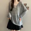 Tiro real~ Nuevo top de punto de manga larga holgado con cuello en V y lazada para chica gorda de talla grande