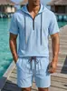 Conjunto de camisa de linho masculina de manga curta transfronteiriça, shorts de trabalho pullover com gola, estilo europeu e americano para férias na praia