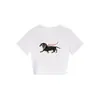 Camiseta de manga corta estilo americano picante para chica con hombros rectos, top de verano nuevo para mujer con estampado de perro salchicha de dibujos animados, corte ajustado
